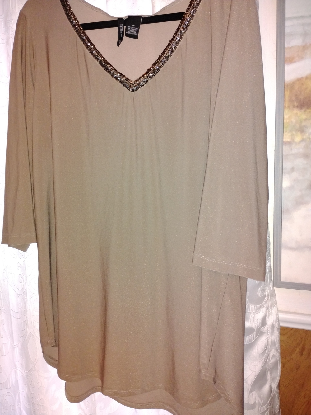 Petite Sophisticate Beaded V-Neck Women's Top - Tan